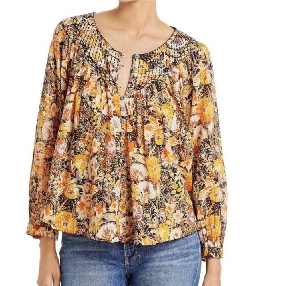 Free‎ People NWT Cool  Meadow Top Buttondown Print Ruched Scoop Neck Blouse XS